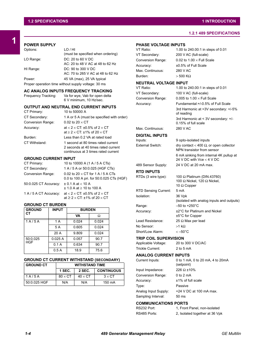 Specifications, 1 489 specifications, 2 specifications | 489 specifications -4 | GE 489 User Manual | Page 12 / 259
