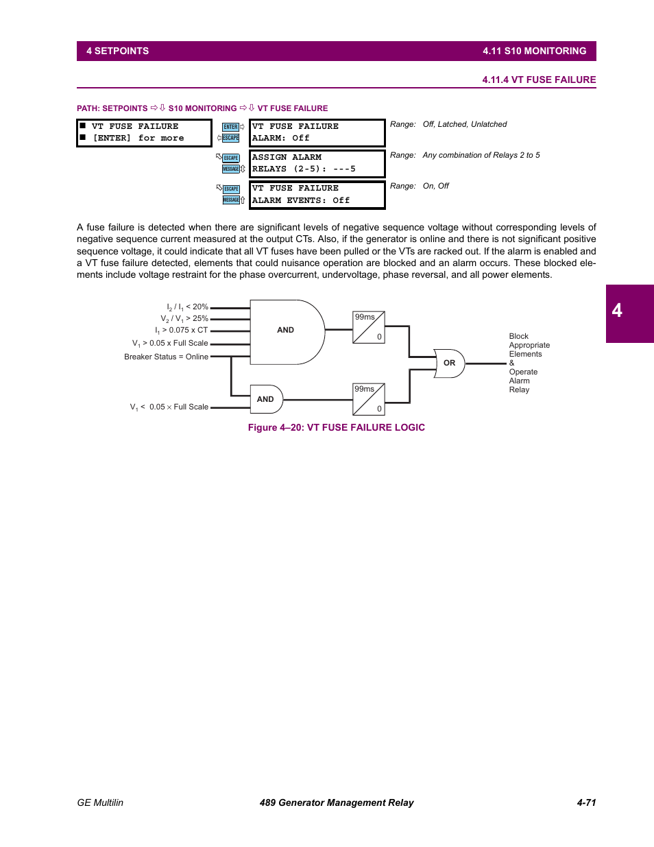 4 vt fuse failure, 4 vt fuse failure -71 | GE 489 User Manual | Page 121 / 259