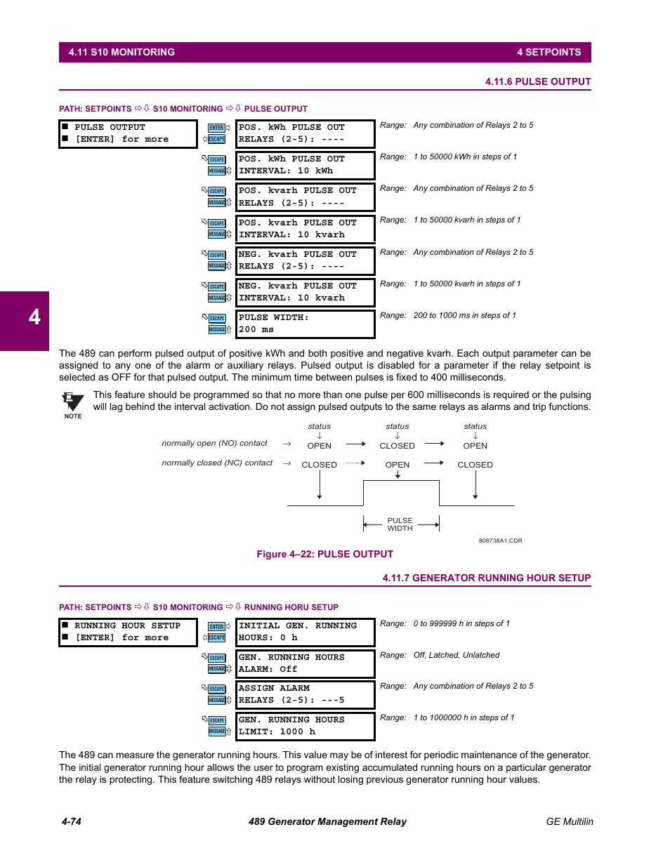 6 pulse output, 7 generator running hour setup | GE 489 User Manual | Page 124 / 259