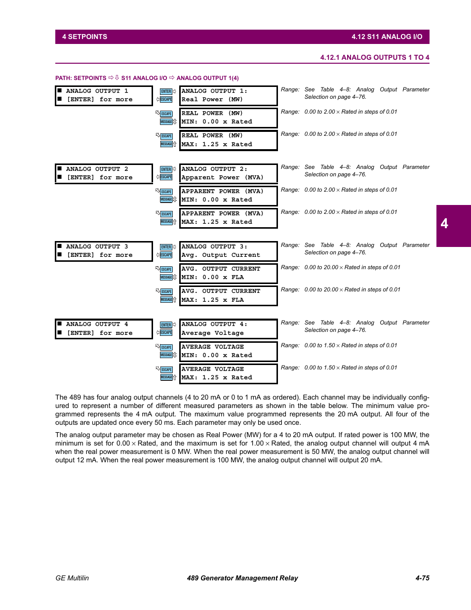 S11 analog i/o, 1 analog outputs 1 to 4, 12 s11 analog i/o | 1 analog outputs 1 to 4 -75 | GE 489 User Manual | Page 125 / 259