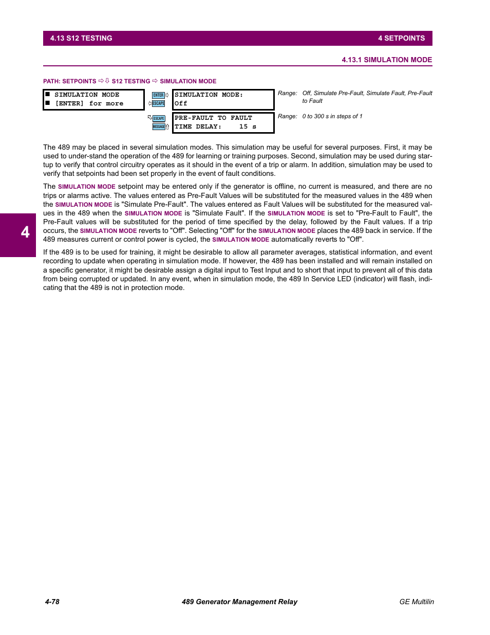 S12 testing, 1 simulation mode, 13 s12 testing | 1 simulation mode -78 | GE 489 User Manual | Page 128 / 259