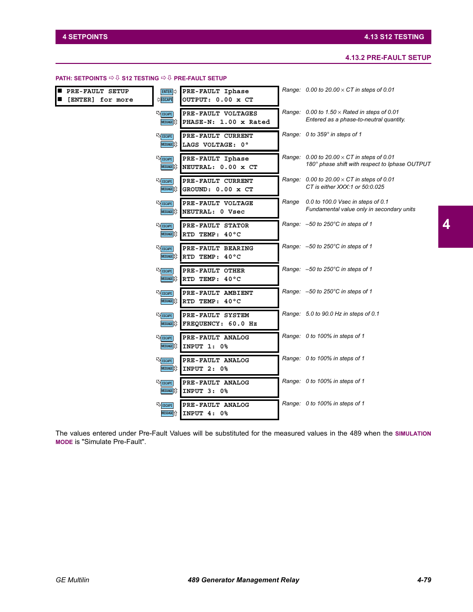 2 pre-fault setup, 2 pre-fault setup -79 | GE 489 User Manual | Page 129 / 259