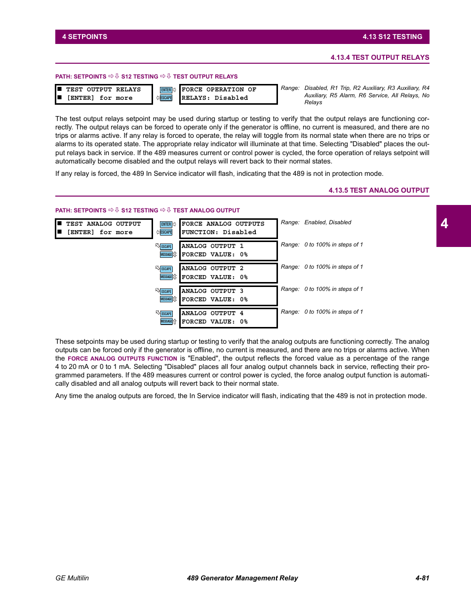 4 test output relays, 5 test analog output | GE 489 User Manual | Page 131 / 259