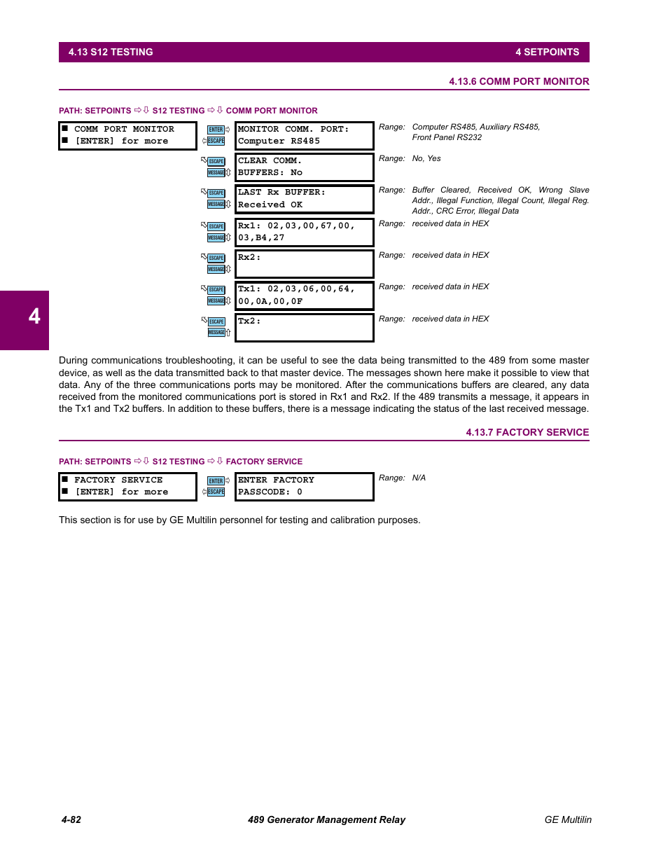 6 comm port monitor, 7 factory service, 6 comm port monitor -82 4.13.7 factory service -82 | GE 489 User Manual | Page 132 / 259