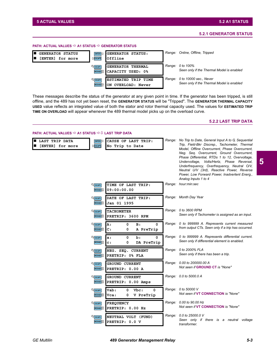A1 status, 1 generator status, 2 last trip data | 2 a1 status, Generator status -3, Last trip data -3 | GE 489 User Manual | Page 135 / 259
