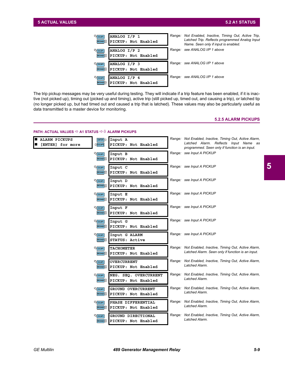 5 alarm pickups, Alarm pickups -9 | GE 489 User Manual | Page 141 / 259