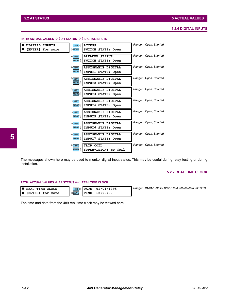6 digital inputs, 7 real time clock, Digital inputs -12 | Real time clock -12 | GE 489 User Manual | Page 144 / 259