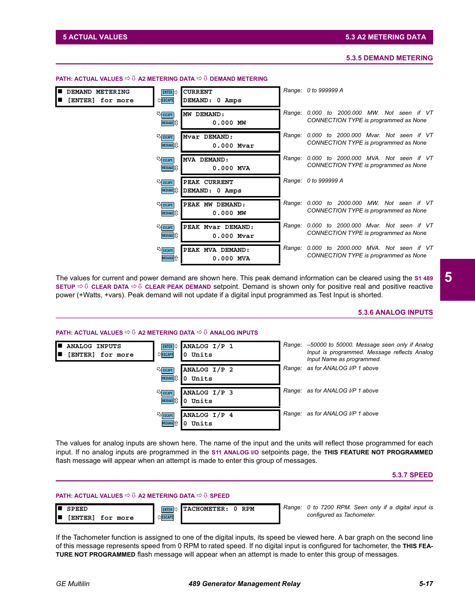 5 demand metering, 6 analog inputs, 7 speed | Demand metering -17, Analog inputs -17, Speed -17 | GE 489 User Manual | Page 149 / 259