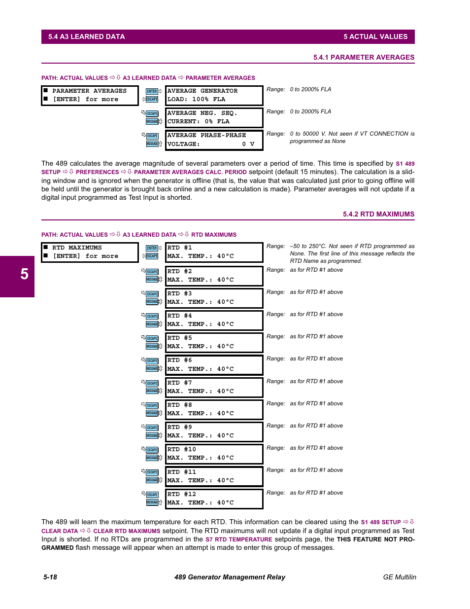 A3 learned data, 1 parameter averages, 2 rtd maximums | 4 a3 learned data, Parameter averages -18, Rtd maximums -18 | GE 489 User Manual | Page 150 / 259