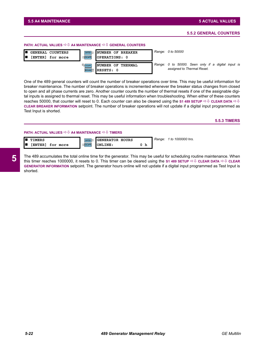2 general counters, 3 timers, General counters -22 | Timers -22 | GE 489 User Manual | Page 154 / 259