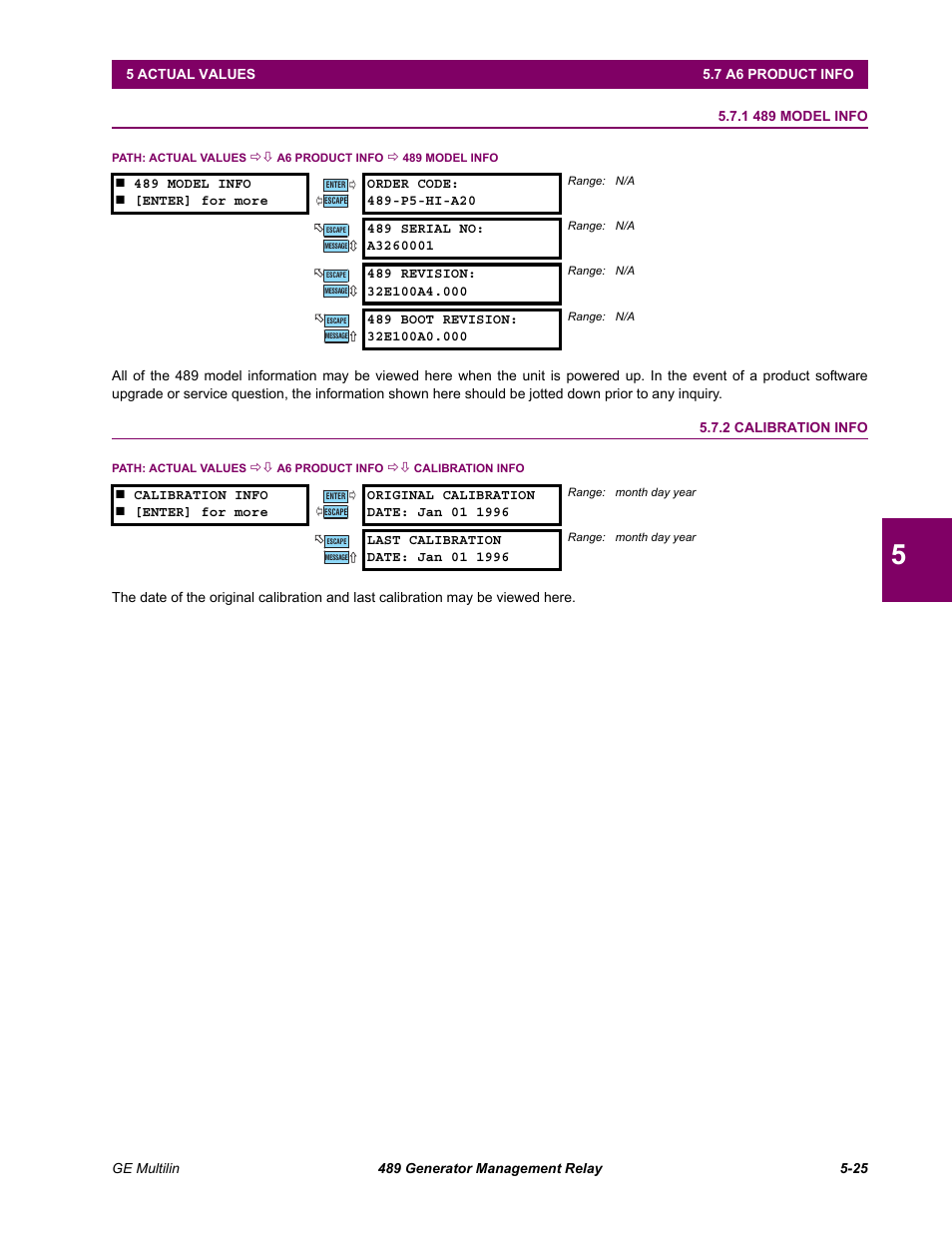 A6 product info, 1 489 model info, 2 calibration info | 7 a6 product info, 489 model info -25, Calibration info -25 | GE 489 User Manual | Page 157 / 259