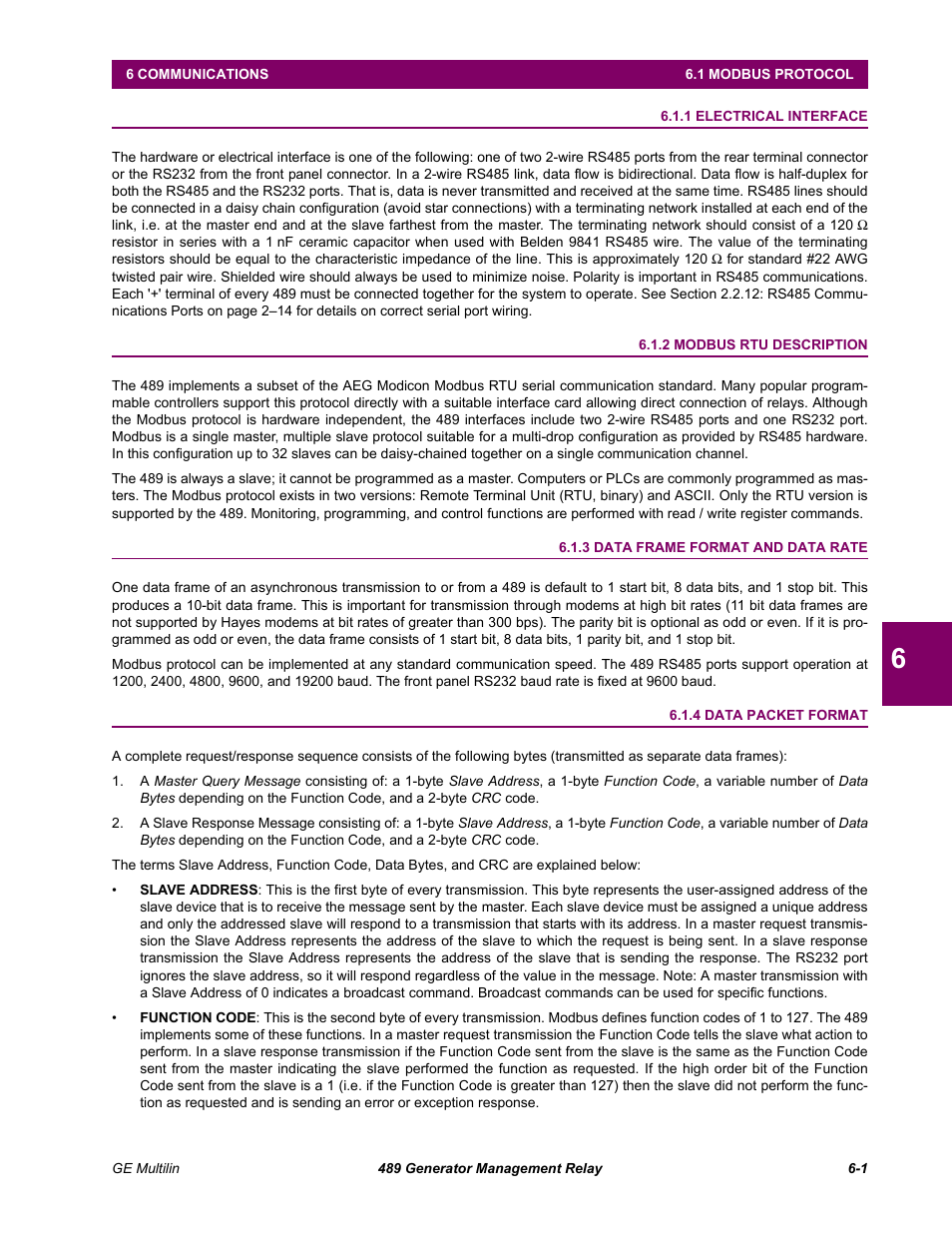 Communications, Modbus protocol, 1 electrical interface | 2 modbus rtu description, 3 data frame format and data rate, 4 data packet format, 1 modbus protocol, Electrical interface -1, Modbus rtu description -1, Data frame format and data rate -1 | GE 489 User Manual | Page 163 / 259