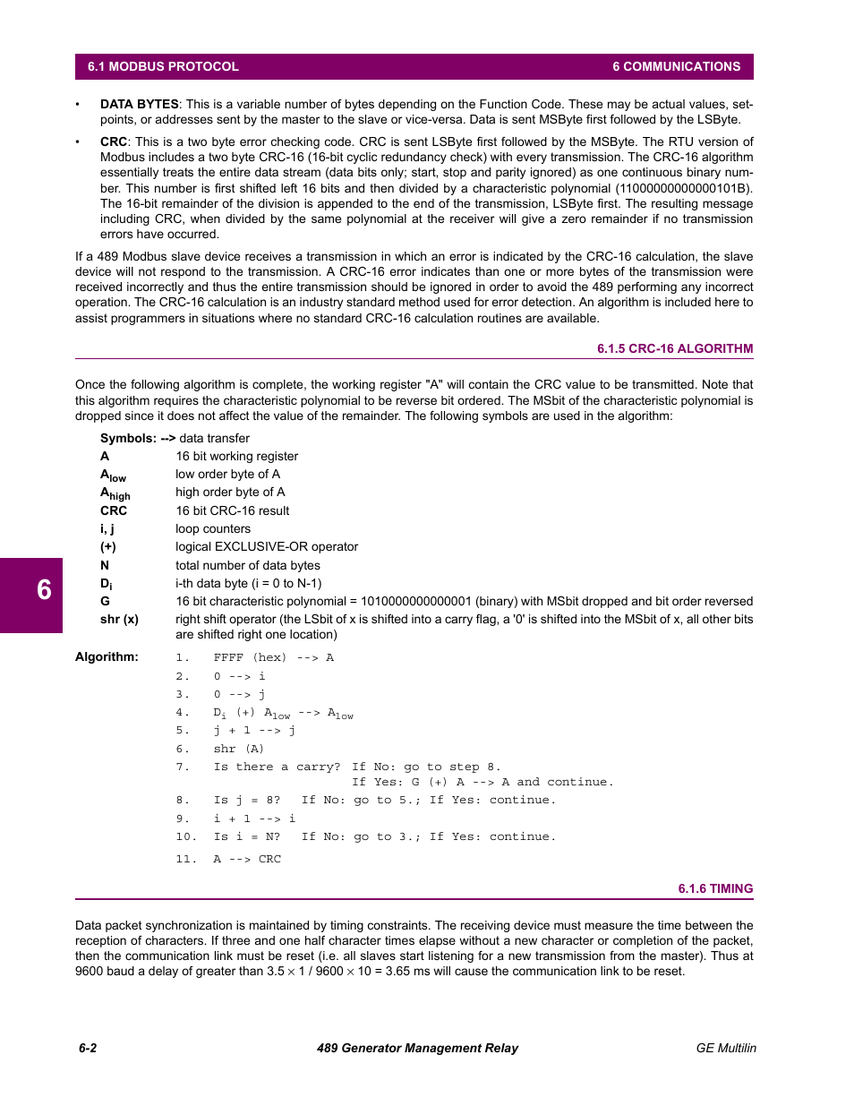 5 crc-16 algorithm, 6 timing, Crc-16 algorithm -2 | Timing -2 | GE 489 User Manual | Page 164 / 259
