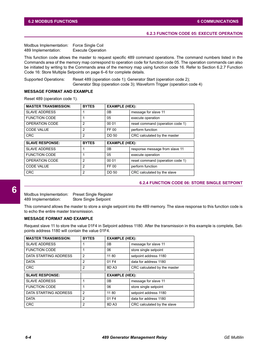 3 function code 05: execute operation, 4 function code 06: store single setpoint, Function code 05: execute operation -4 | Function code 06: store single setpoint -4 | GE 489 User Manual | Page 166 / 259