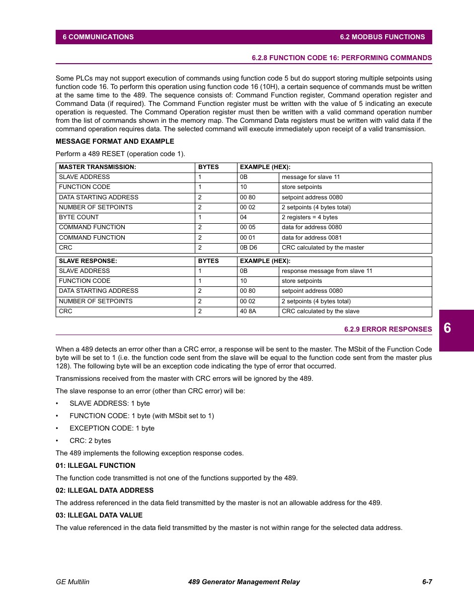 8 function code 16: performing commands, 9 error responses, Function code 16: performing commands -7 | Error responses -7 | GE 489 User Manual | Page 169 / 259