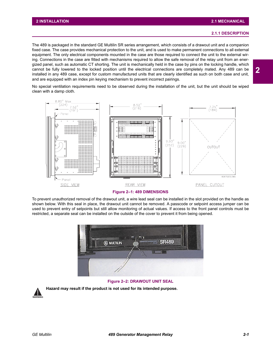 Installation, Mechanical, 1 description | 1 mechanical, Description -1 | GE 489 User Manual | Page 17 / 259