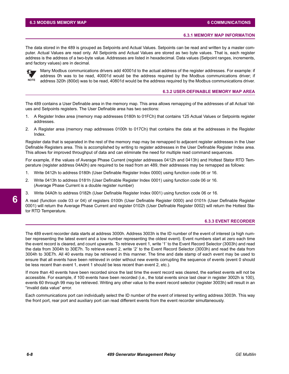Modbus memory map, 1 memory map information, 2 user-definable memory map area | 3 event recorder, 3 modbus memory map, Memory map information -8, User-definable memory map area -8, Event recorder -8 | GE 489 User Manual | Page 170 / 259