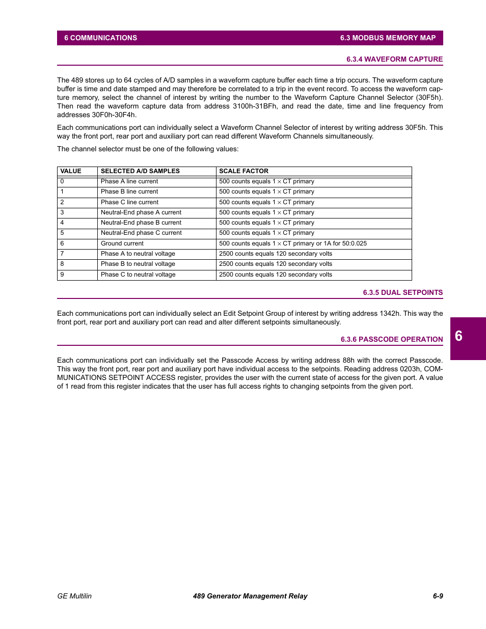 4 waveform capture, 5 dual setpoints, 6 passcode operation | Waveform capture -9, Dual setpoints -9, Passcode operation -9 | GE 489 User Manual | Page 171 / 259