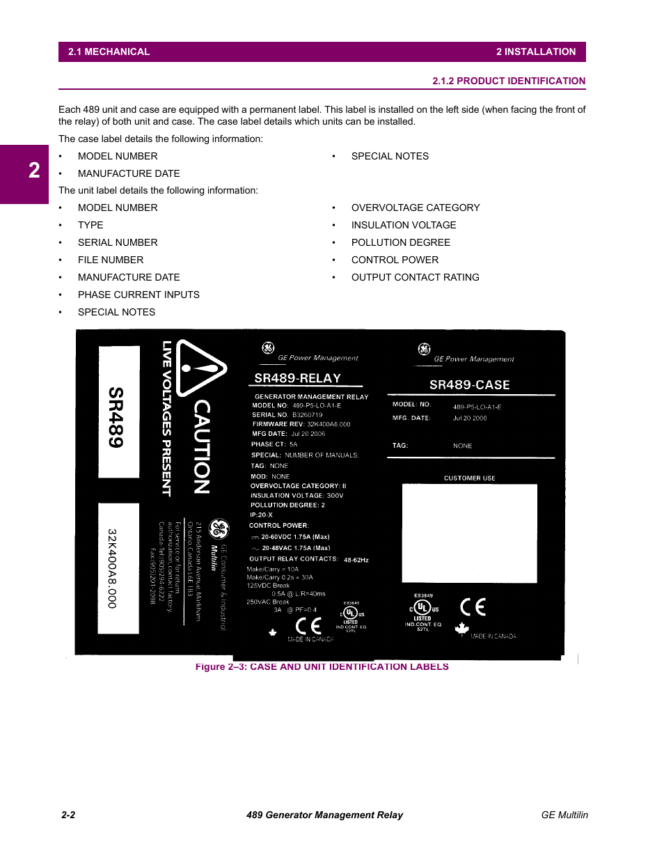 2 product identification, Product identification -2 | GE 489 User Manual | Page 18 / 259