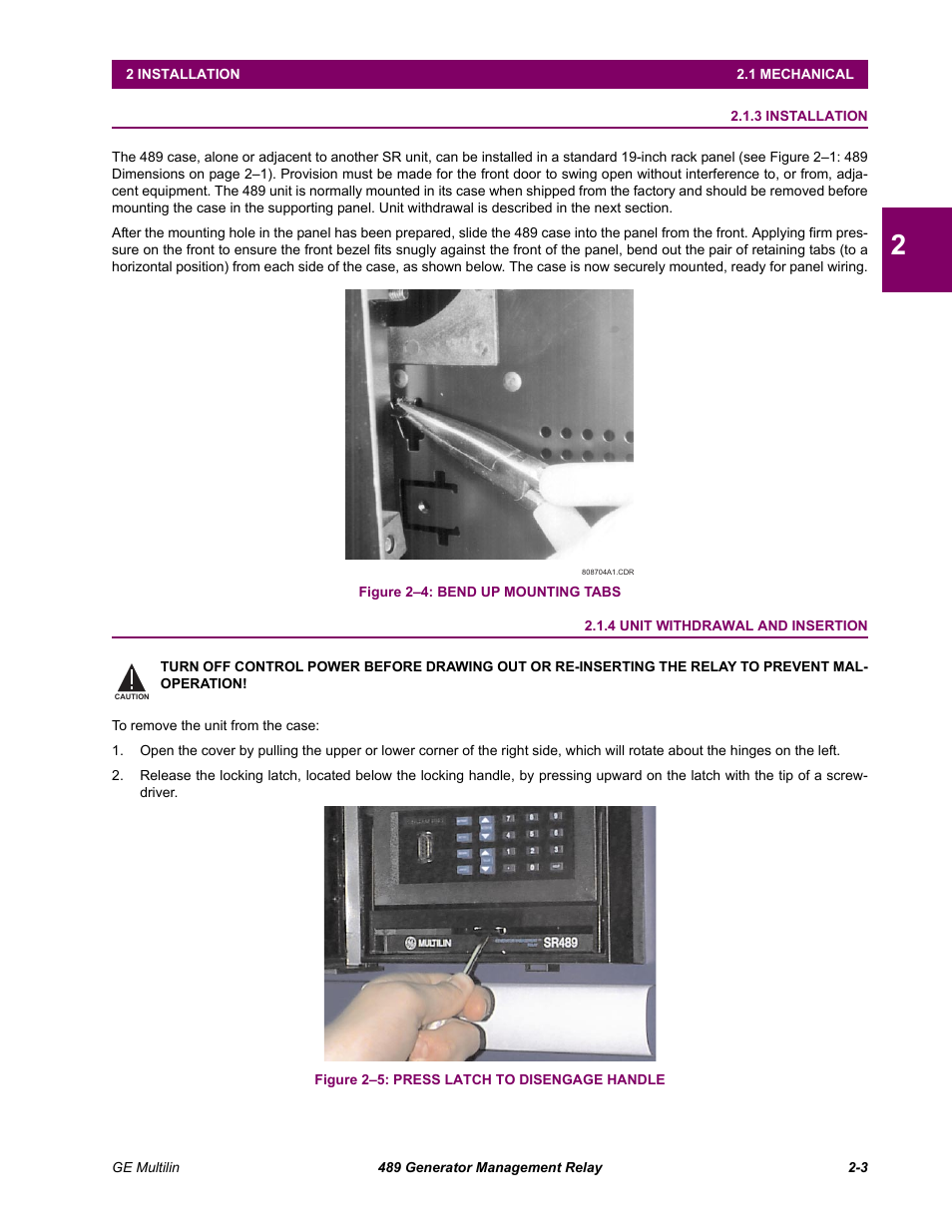 3 installation, 4 unit withdrawal and insertion, Installation -3 | Unit withdrawal and insertion -3 | GE 489 User Manual | Page 19 / 259