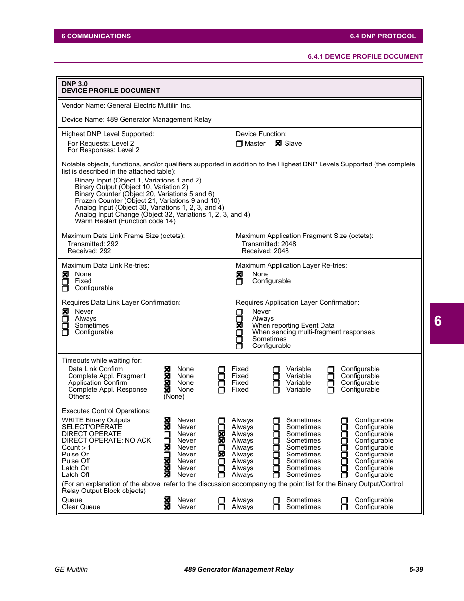 Dnp protocol, 1 device profile document, 4 dnp protocol | Device profile document -39 | GE 489 User Manual | Page 201 / 259