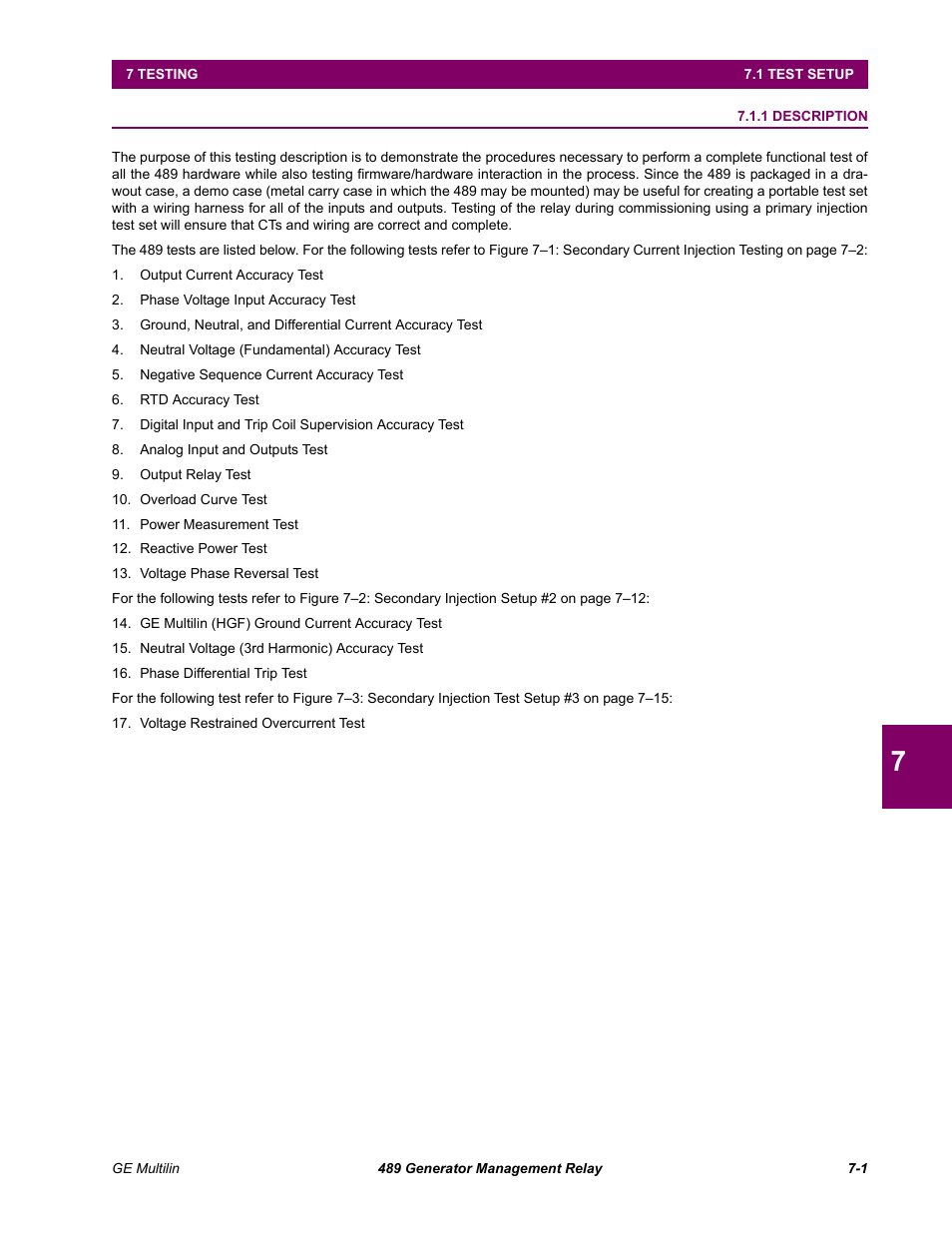 Testing, Test setup, 1 description | 1 test setup, Description -1 | GE 489 User Manual | Page 213 / 259