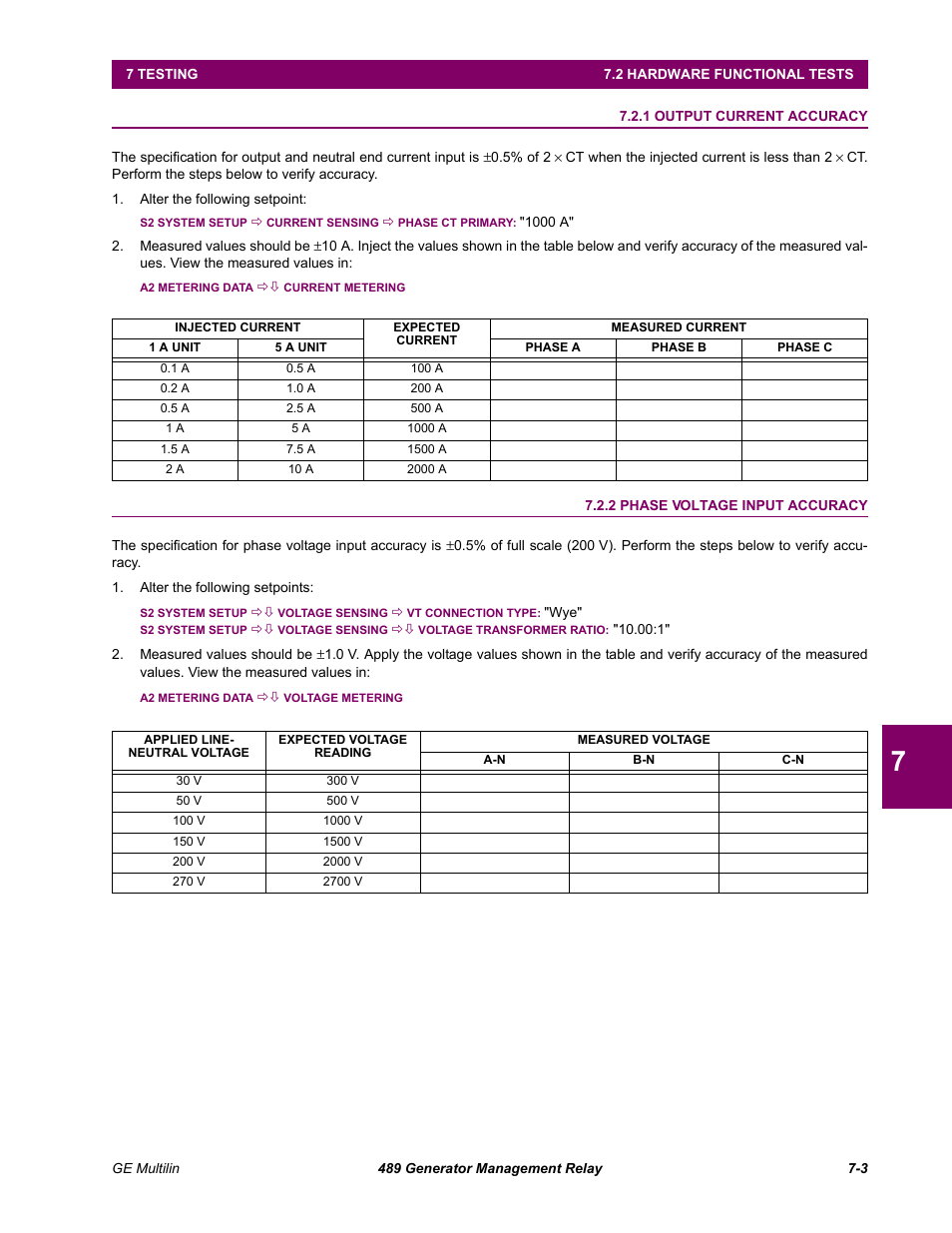 Hardware functional tests, 1 output current accuracy, 2 phase voltage input accuracy | 2 hardware functional tests, Output current accuracy -3, Phase voltage input accuracy -3 | GE 489 User Manual | Page 215 / 259