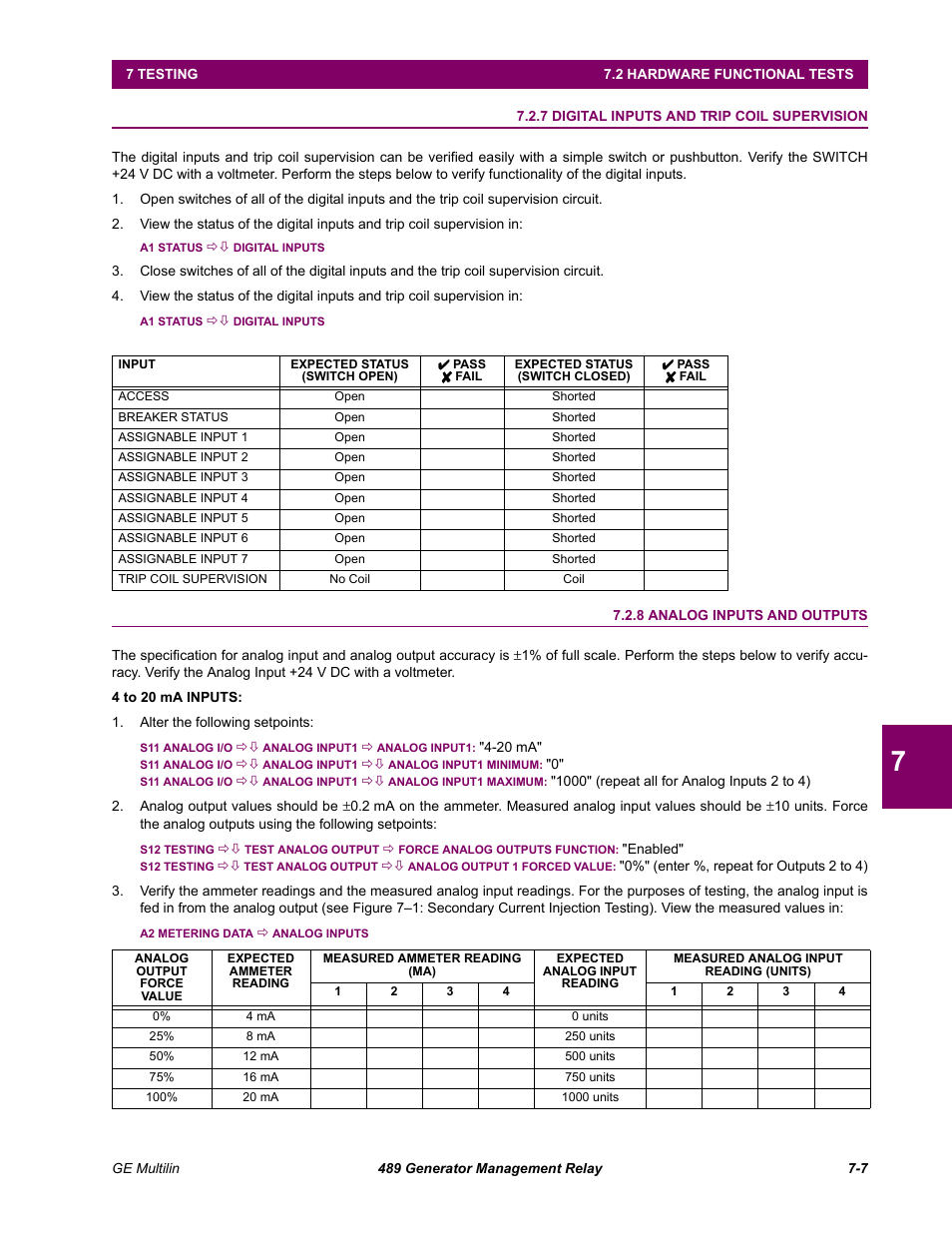 7 digital inputs and trip coil supervision, 8 analog inputs and outputs, Digital inputs and trip coil supervision -7 | Analog inputs and outputs -7 | GE 489 User Manual | Page 219 / 259