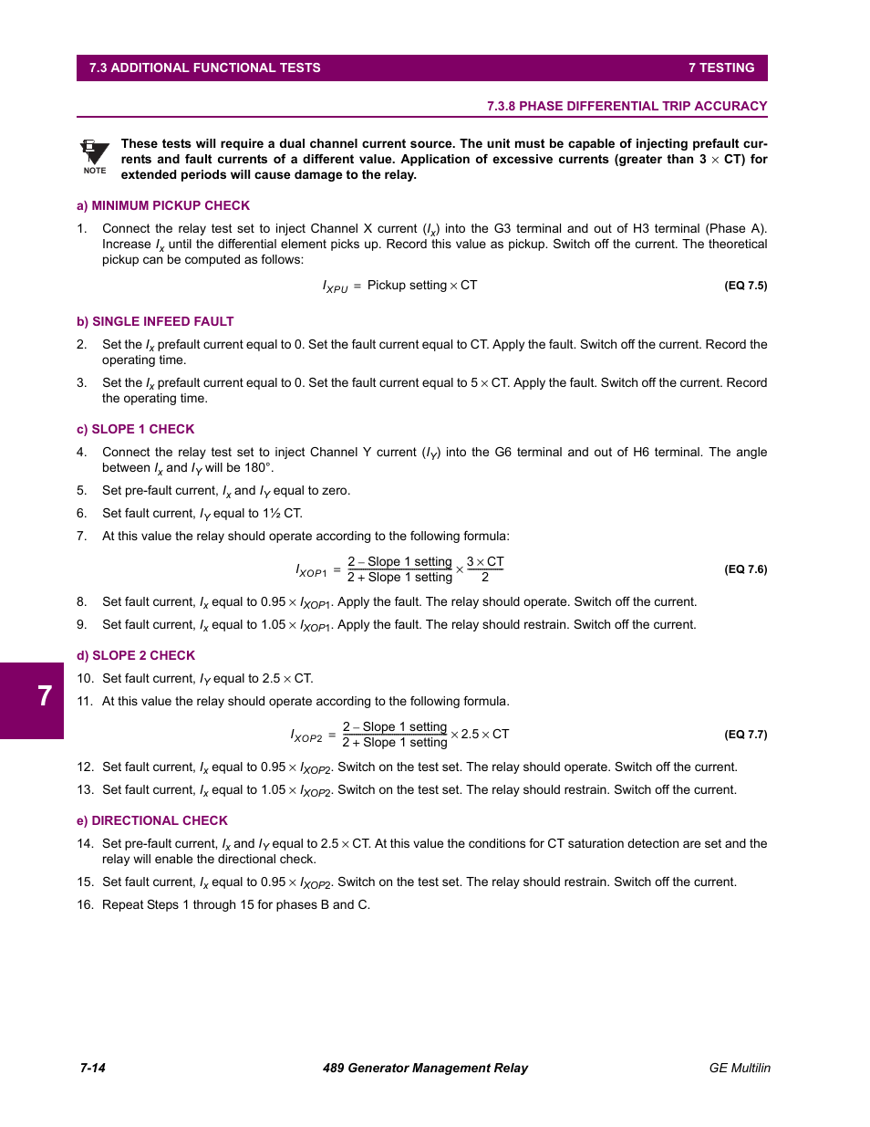 8 phase differential trip accuracy, A) minimum pickup check, B) single infeed fault | C) slope 1 check, D) slope 2 check, E) directional check, Phase differential trip accuracy -14 | GE 489 User Manual | Page 226 / 259