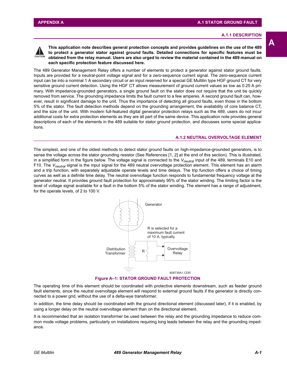 A. application notes, A.1 stator ground fault, A.1.1 | A.1.2 | GE 489 User Manual | Page 229 / 259