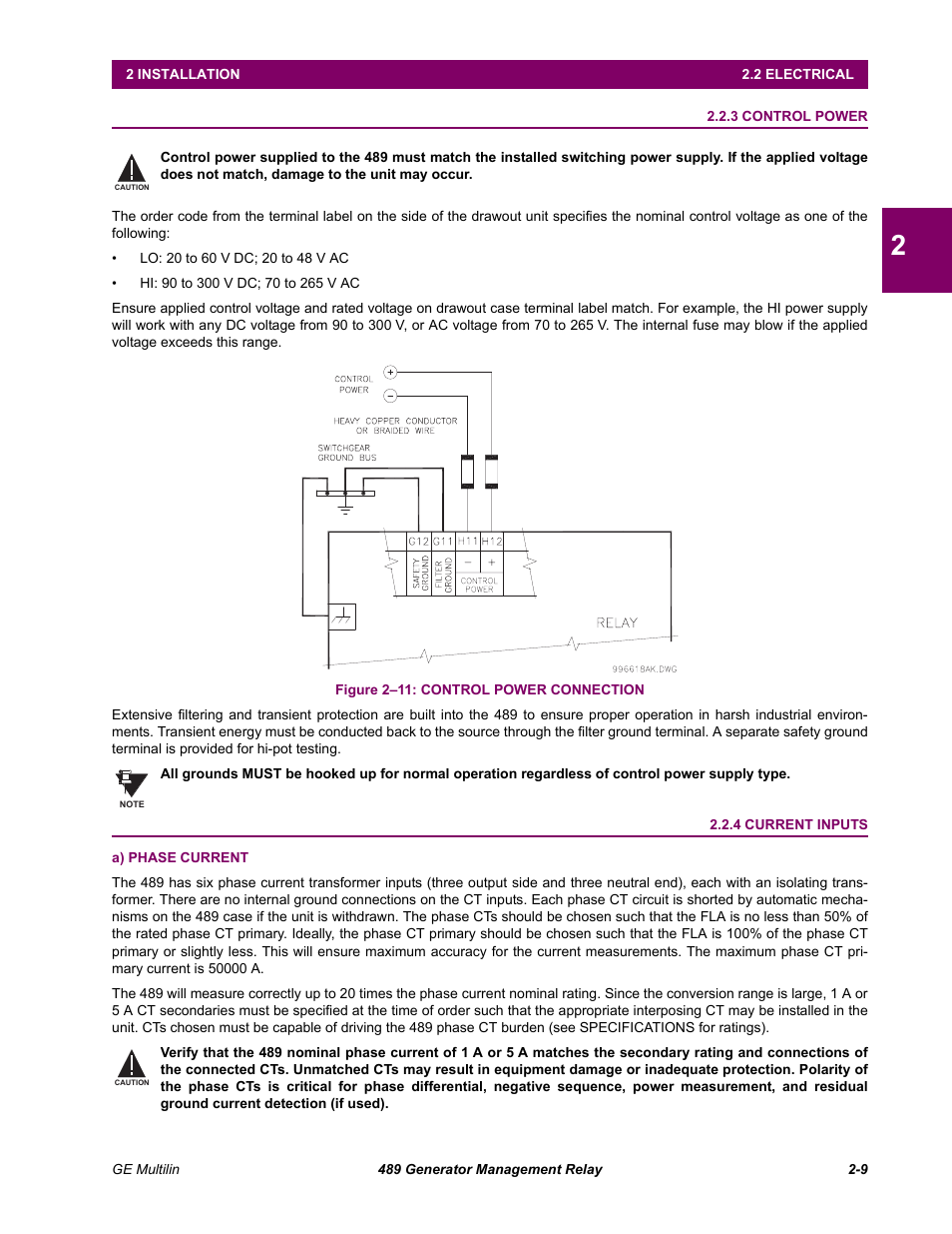 3 control power, 4 current inputs, A) phase current | Control power -9, Current inputs -9 | GE 489 User Manual | Page 25 / 259