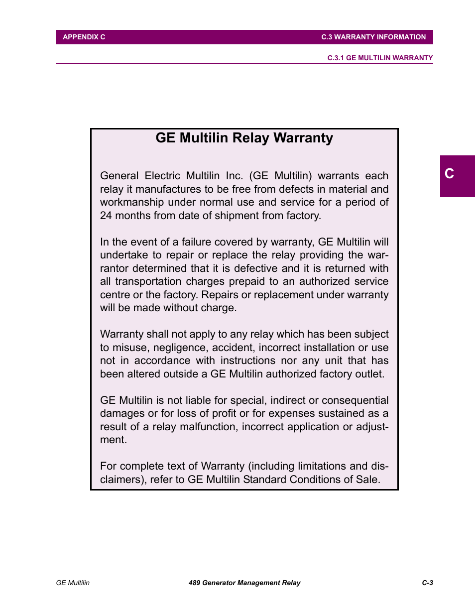 C.3 warranty information, C.3.1, Ge multilin relay warranty | GE 489 User Manual | Page 251 / 259