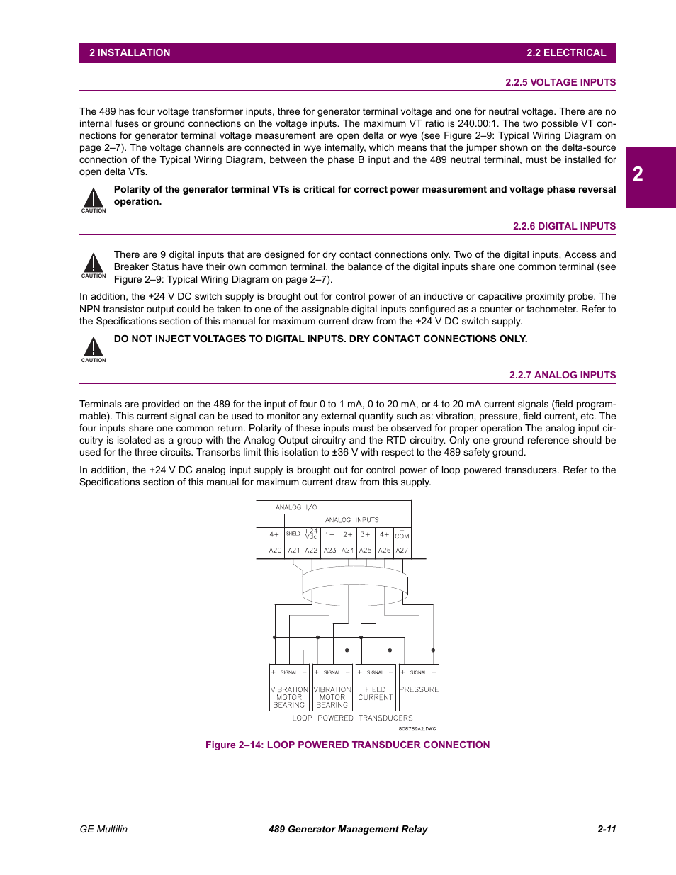 5 voltage inputs, 6 digital inputs, 7 analog inputs | Voltage inputs -11, Digital inputs -11, Analog inputs -11 | GE 489 User Manual | Page 27 / 259