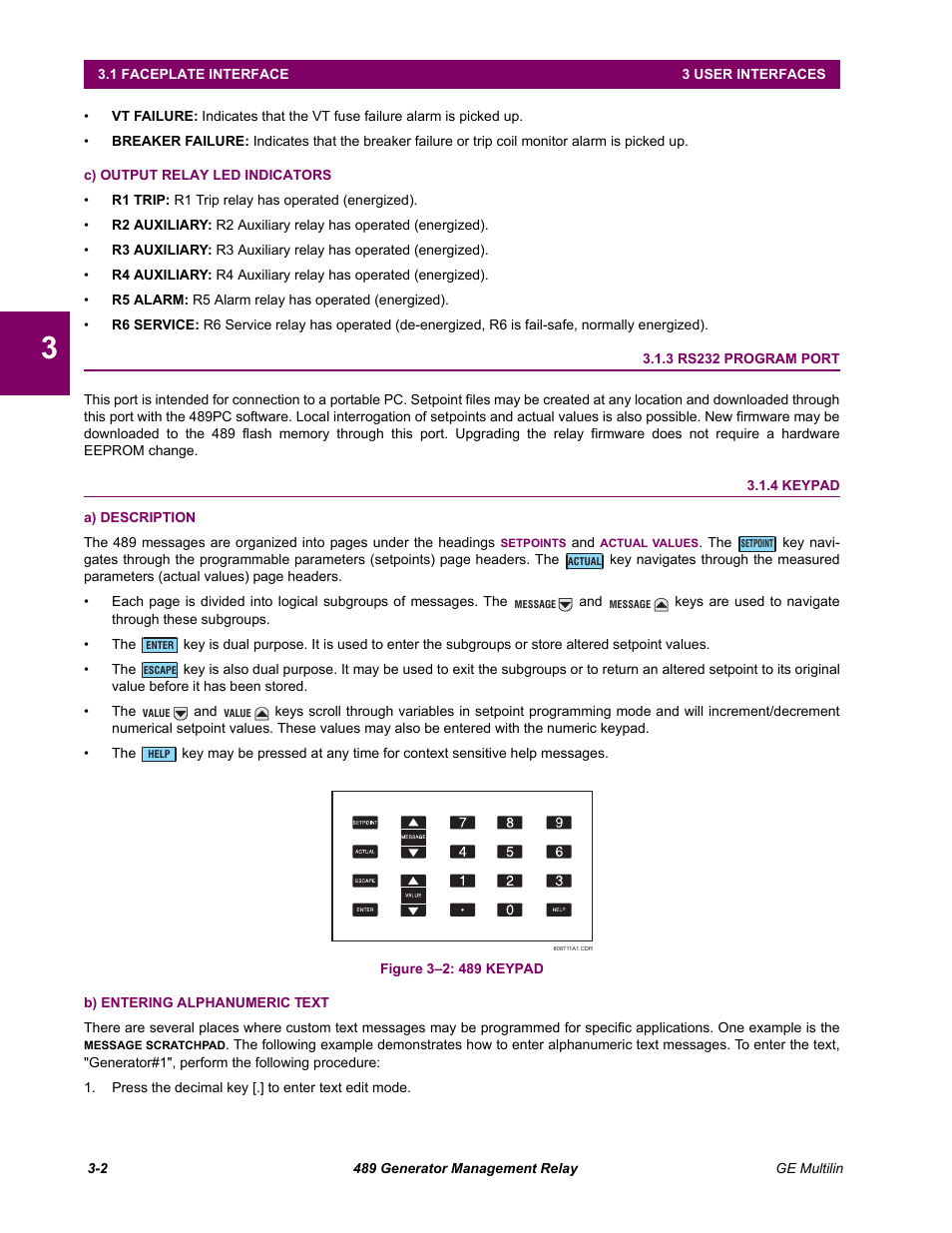 C) output relay led indicators, 3 rs232 program port, 4 keypad | A) description, B) entering alphanumeric text, Rs232 program port -2, Keypad -2 | GE 489 User Manual | Page 34 / 259