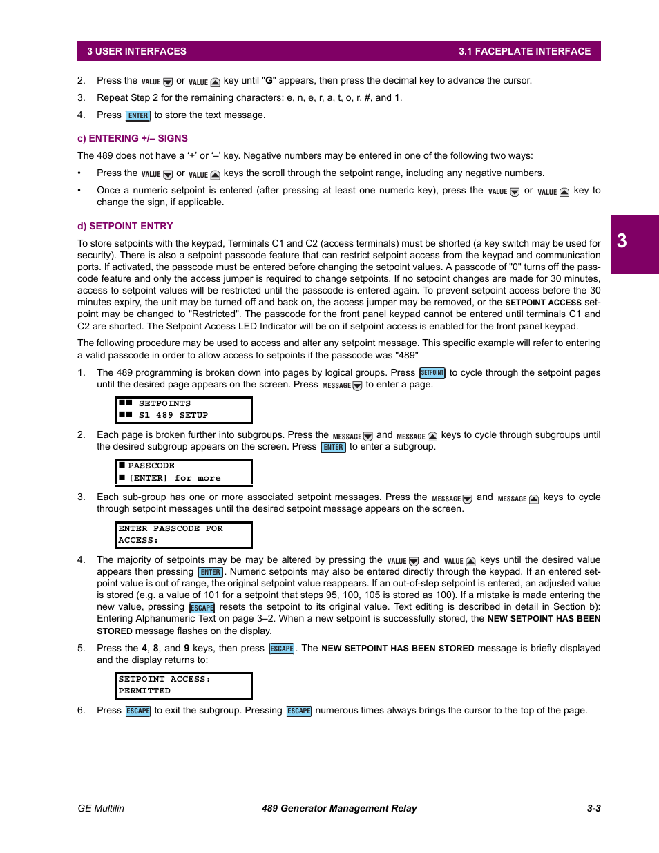 C) entering +/- signs, D) setpoint entry | GE 489 User Manual | Page 35 / 259