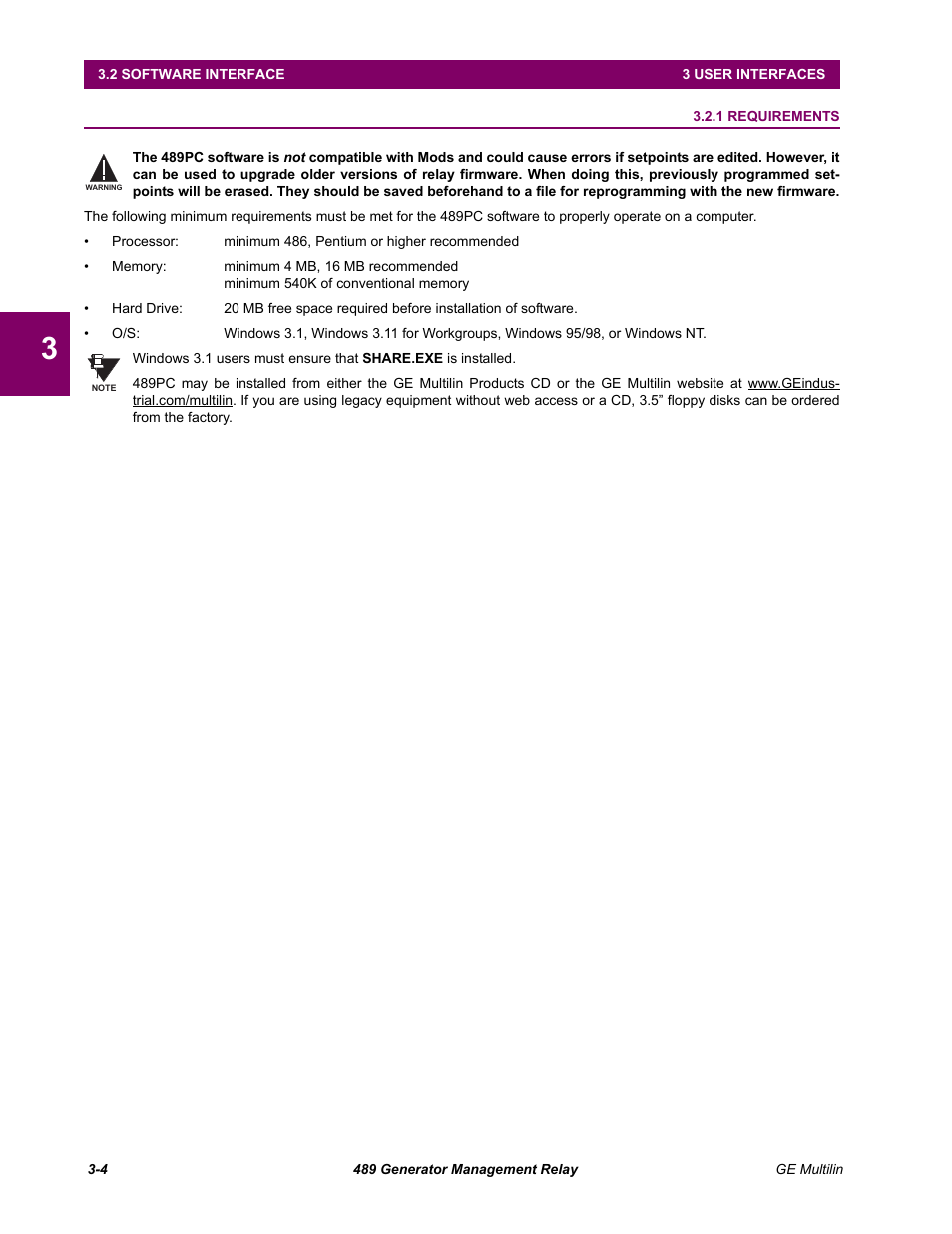 Software interface, 1 requirements, 2 software interface | Requirements -4 | GE 489 User Manual | Page 36 / 259