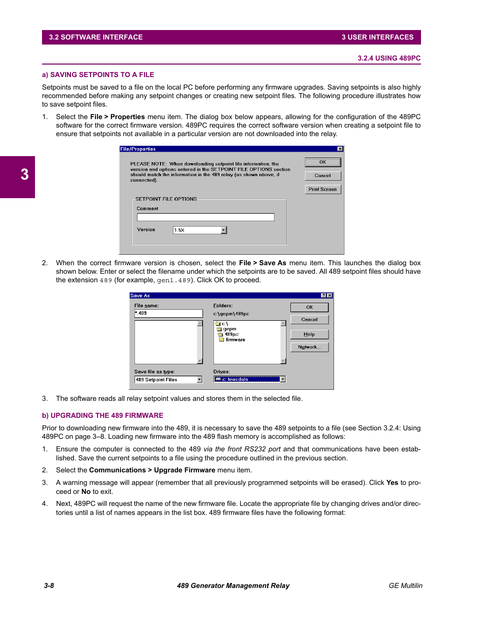 4 using 489pc, A) saving setpoints to a file, B) upgrading the 489 firmware | Using 489pc -8 | GE 489 User Manual | Page 40 / 259