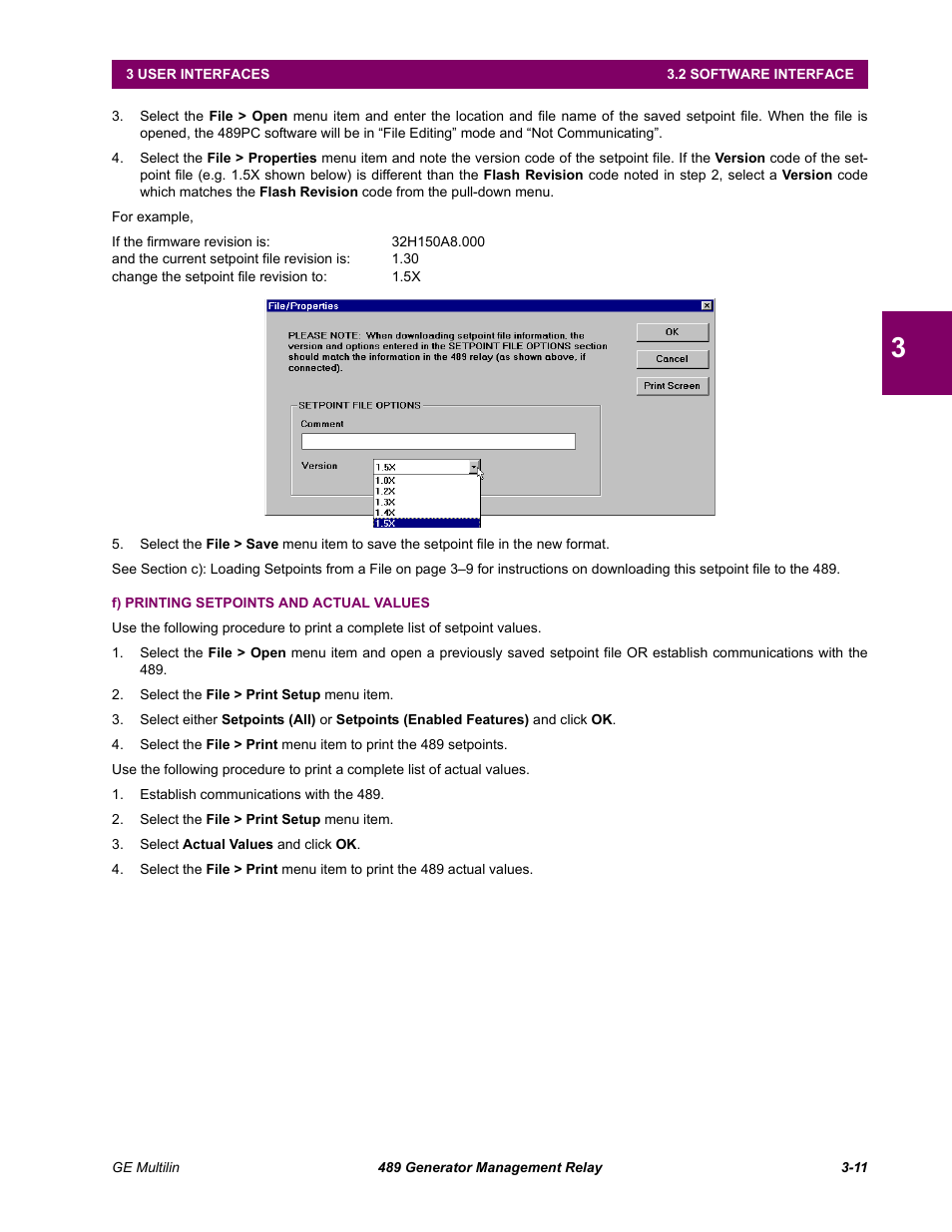 F) printing setpoints and actual values | GE 489 User Manual | Page 43 / 259
