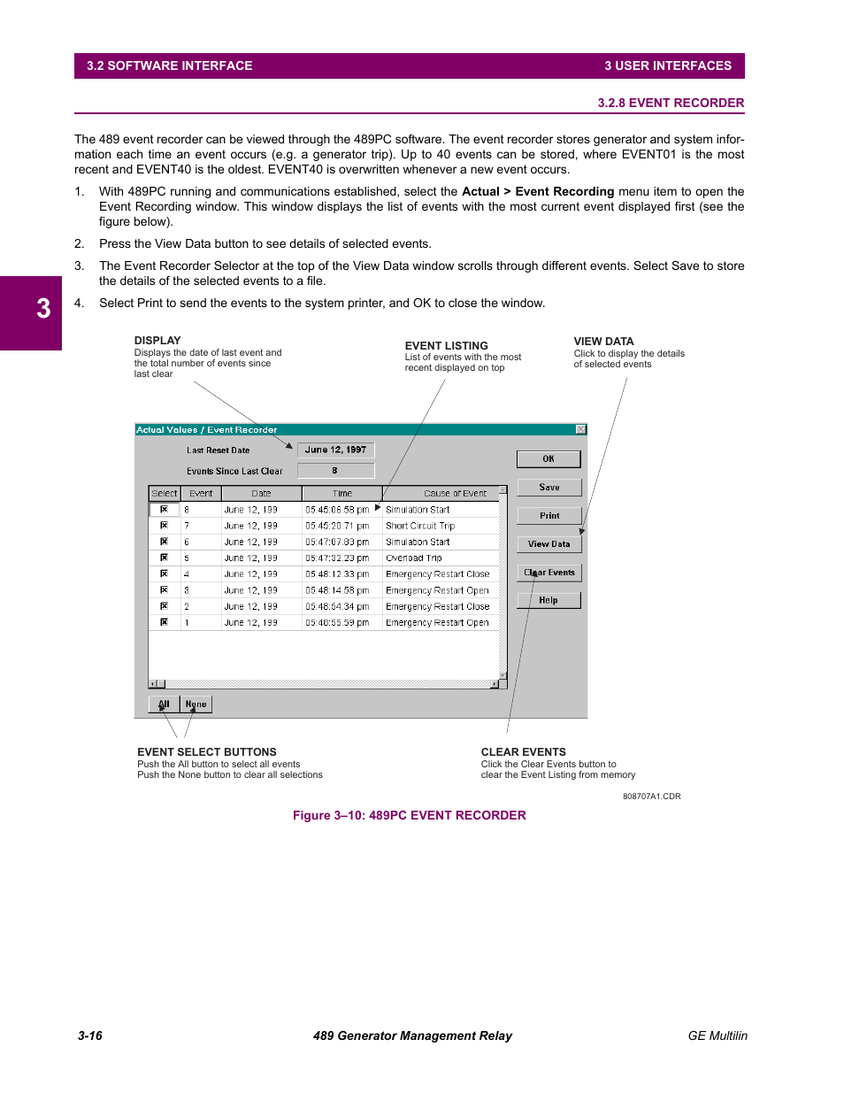 8 event recorder, Event recorder -16 | GE 489 User Manual | Page 48 / 259