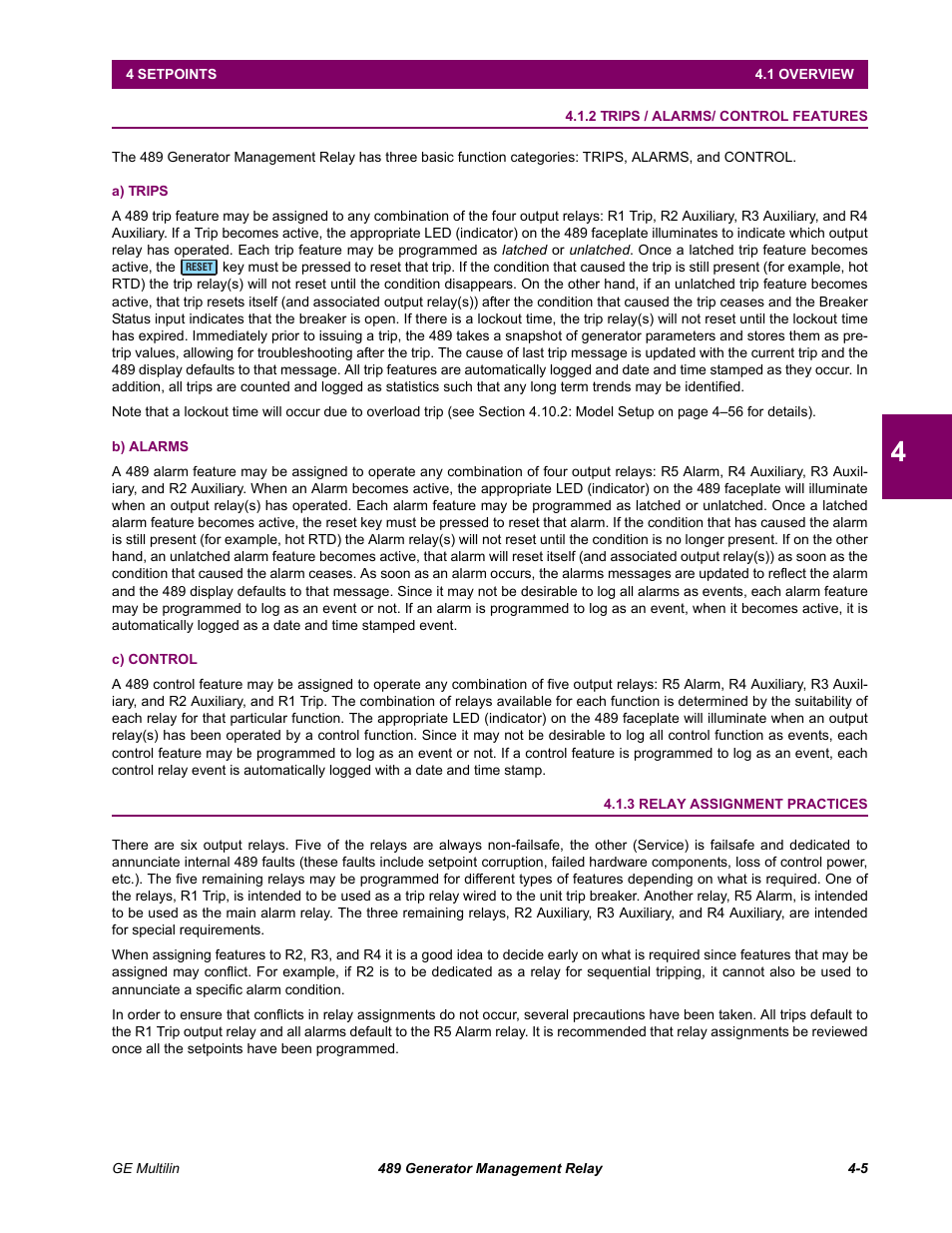2 trips / alarms/ control features, A) trips, B) alarms | C) control, 3 relay assignment practices, Trips / alarms/ control features -5, Relay assignment practices -5 | GE 489 User Manual | Page 55 / 259