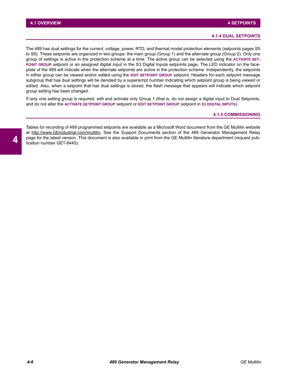 4 dual setpoints, 5 commissioning, Dual setpoints -6 | Commissioning -6 | GE 489 User Manual | Page 56 / 259