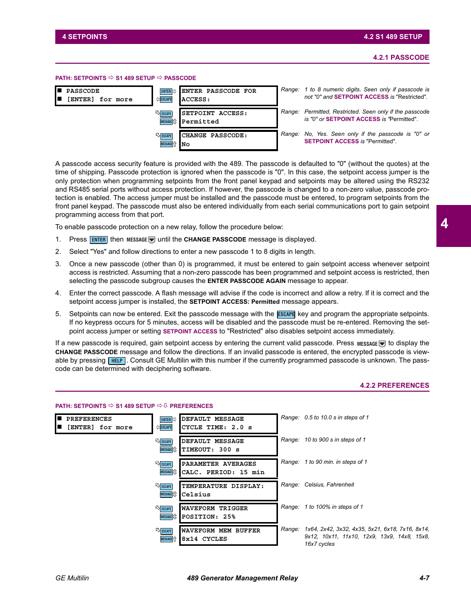 S1 489 setup, 1 passcode, 2 preferences | 2 s1 489 setup, Passcode -7, Preferences -7 | GE 489 User Manual | Page 57 / 259
