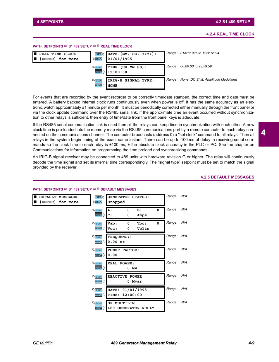 4 real time clock, 5 default messages, Real time clock -9 | Default messages -9 | GE 489 User Manual | Page 59 / 259