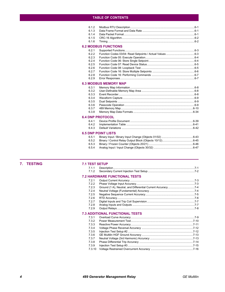 Testing | GE 489 User Manual | Page 6 / 259