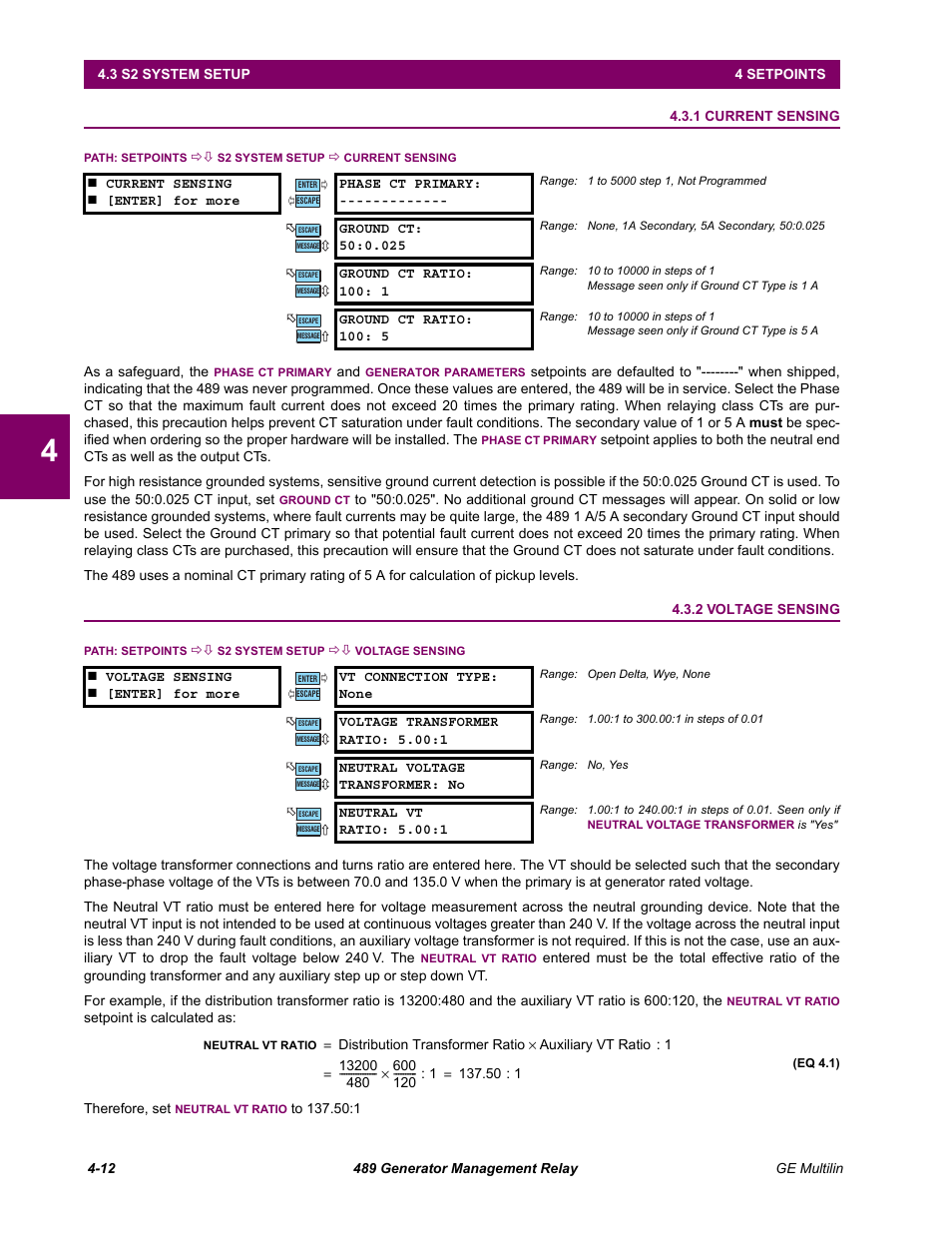 S2 system setup, 1 current sensing, 2 voltage sensing | 3 s2 system setup, Current sensing -12, Voltage sensing -12 | GE 489 User Manual | Page 62 / 259