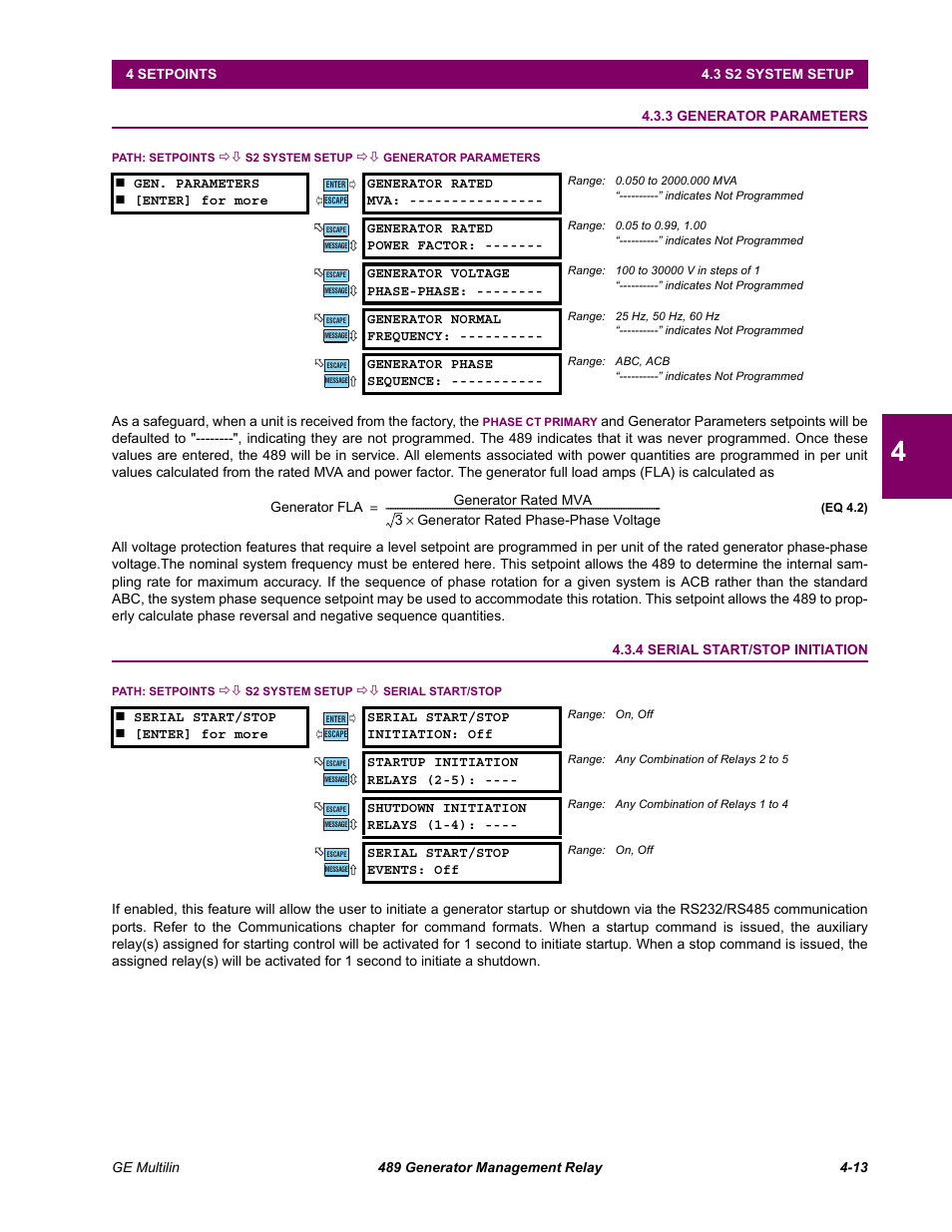 3 generator parameters, 4 serial start/stop initiation, Generator parameters -13 | Serial start/stop initiation -13 | GE 489 User Manual | Page 63 / 259