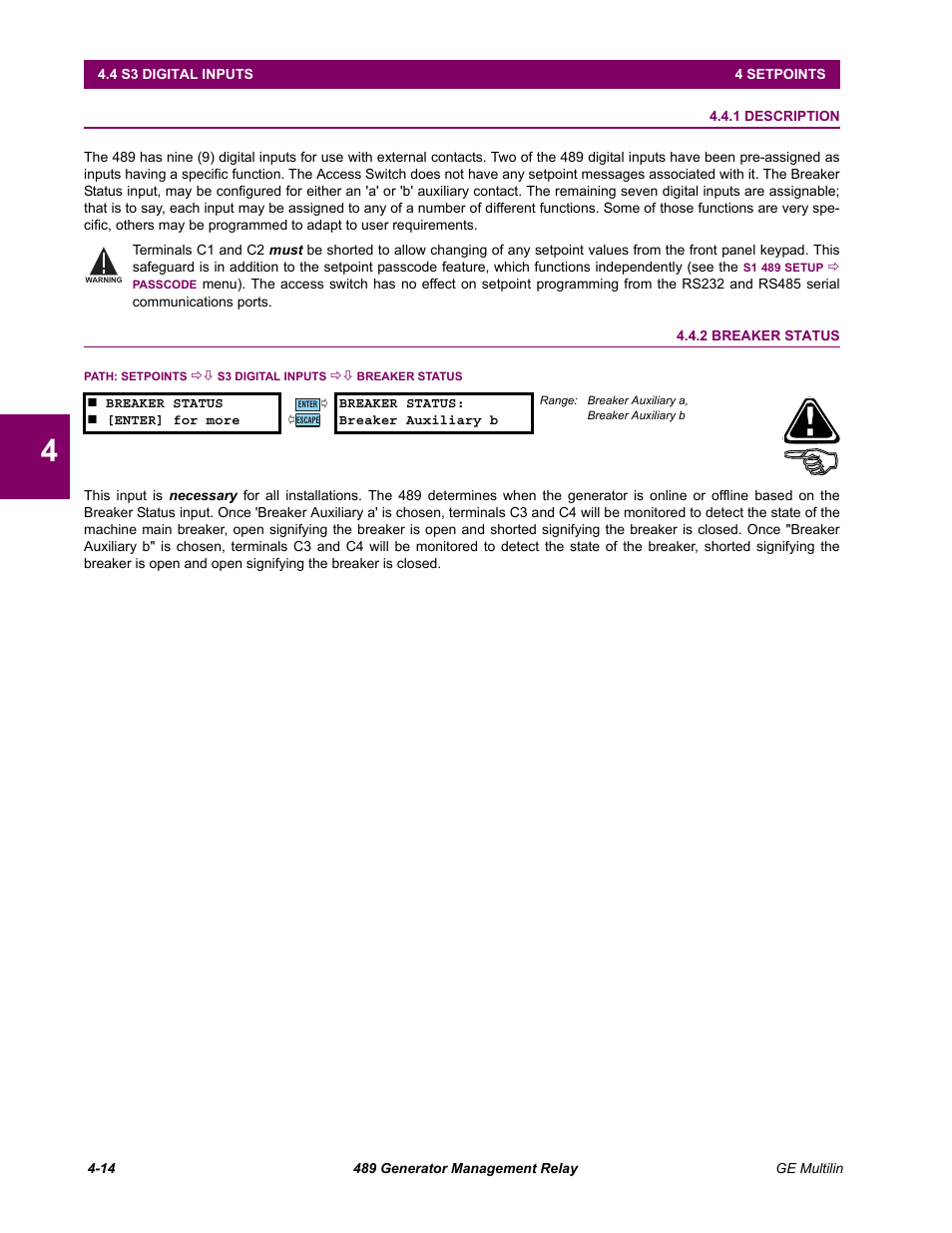S3 digital inputs, 1 description, 2 breaker status | 4 s3 digital inputs, Description -14, Breaker status -14 | GE 489 User Manual | Page 64 / 259