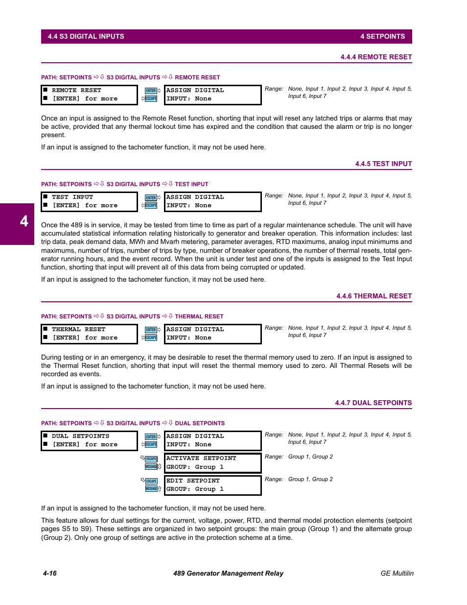 4 remote reset, 5 test input, 6 thermal reset | 7 dual setpoints, Remote reset -16, Test input -16, Thermal reset -16, Dual setpoints -16 | GE 489 User Manual | Page 66 / 259