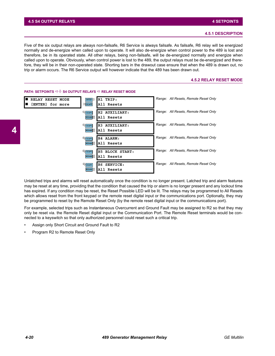S4 output relays, 1 description, 2 relay reset mode | 5 s4 output relays, Description -20, Relay reset mode -20 | GE 489 User Manual | Page 70 / 259