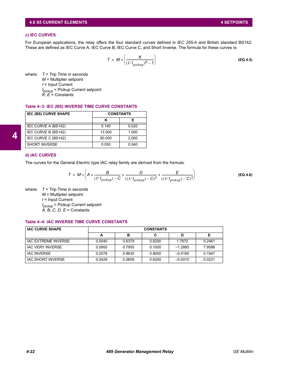 C) iec curves, D) iac curves | GE 489 User Manual | Page 72 / 259